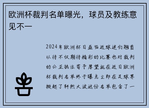 欧洲杯裁判名单曝光，球员及教练意见不一